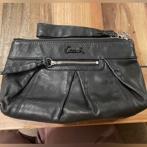 Coach Black Leather Wristlet with Silver Accents